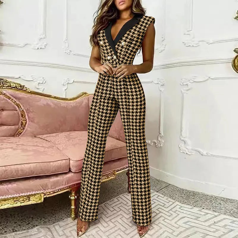 V-neck Sleeveless Plover Straight Leg Jumpsuit