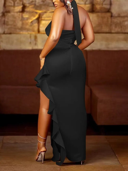 Satin Halter Cowl Neck Ruffle Backless Maxi Dress