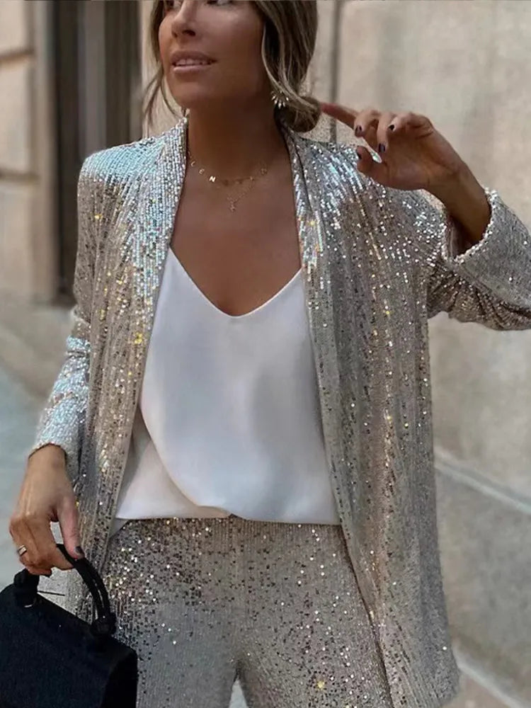 Sequined Jacket And Flare Leg Pant Suit