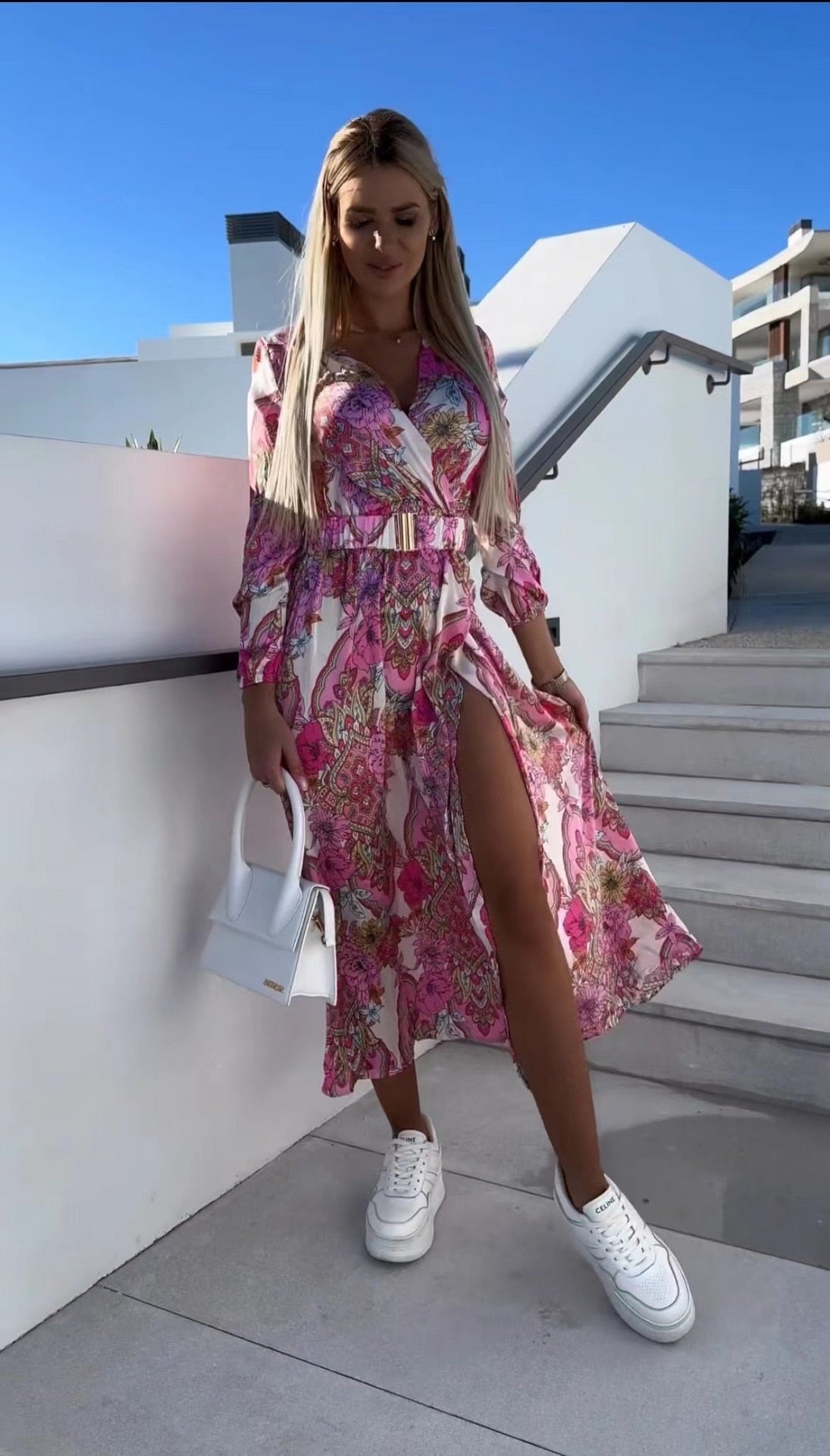 Boho Floral Print Deep V-Neck Maxi Dress with Belt