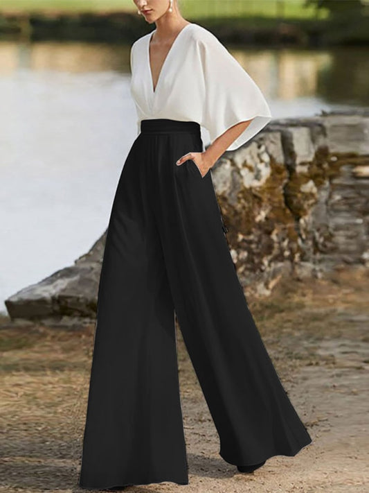 V-neck Short Sleeve High Waist Wide-leg Pants Jumpsuit