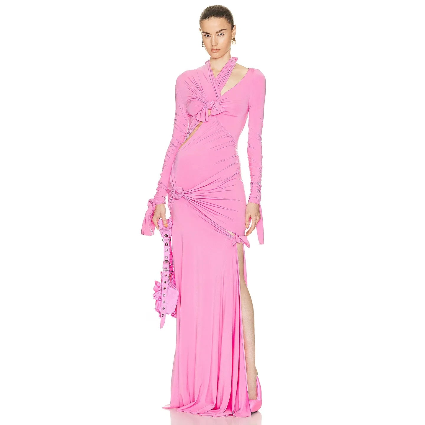 Ruched Split Robe Bow Sleeve Maxi Dress