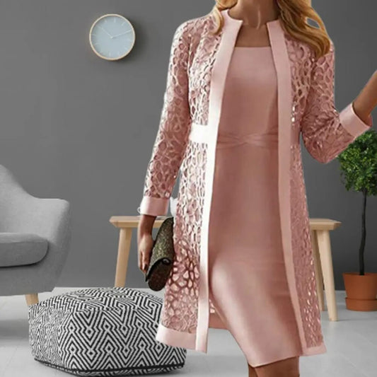 Elegant Two Piece Lace Cardigan Long Sleeve Knee-length Dress Set