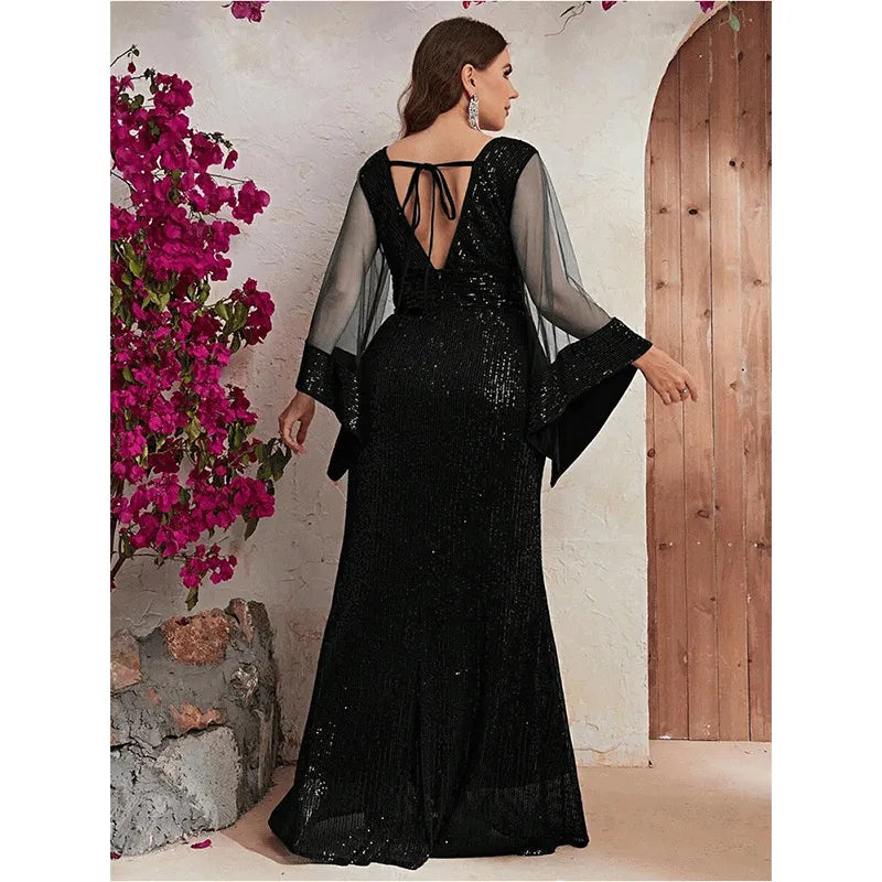 V Neck Sequin Maxi Evening Mesh Sleeve Sequin Dress