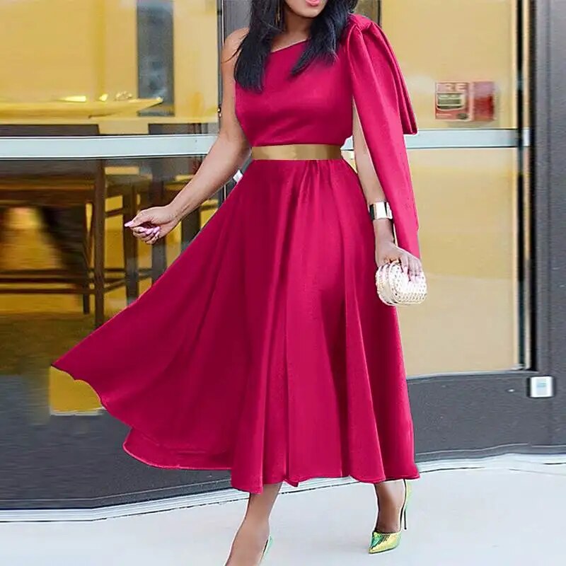 Off Shoulder Satin Belted Sleeveless Dress