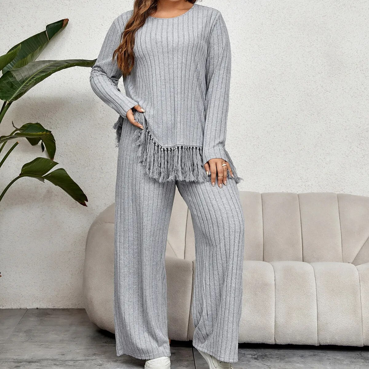 Two-Piece Irregular Fringe Long Sleeve Top And Loose Wide Leg Pants Suit