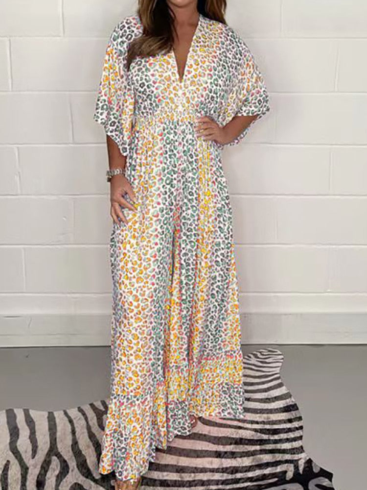 Bohemian Print V Neck Mid Waist Full Length Wide Leg Pant Jumpsuit