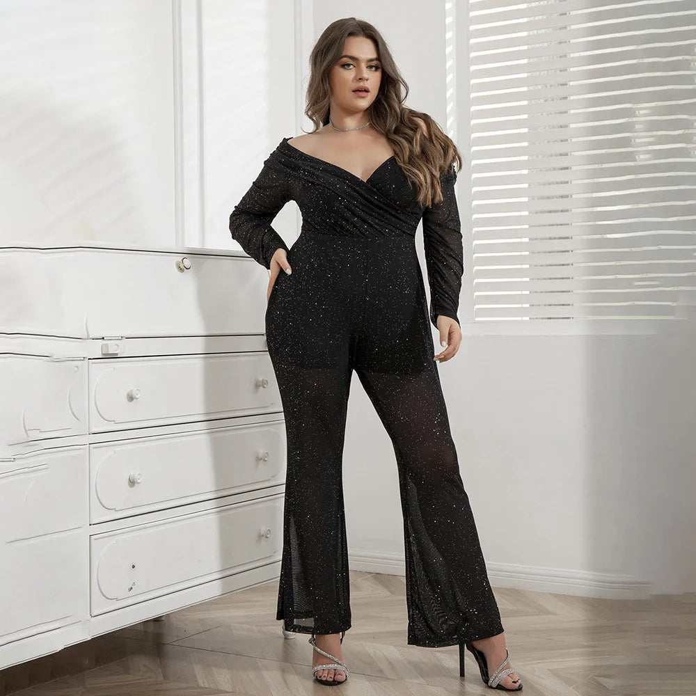 Off Shoulder Mesh Sequin Evening Jumpsuit