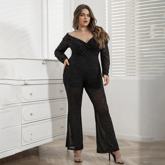 Off Shoulder Mesh Sequin Evening Jumpsuit