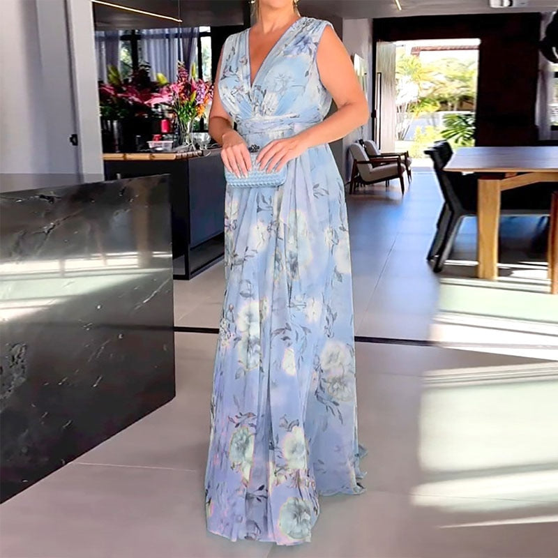 Sleeveless Floral Print Deep V Maxi Dress