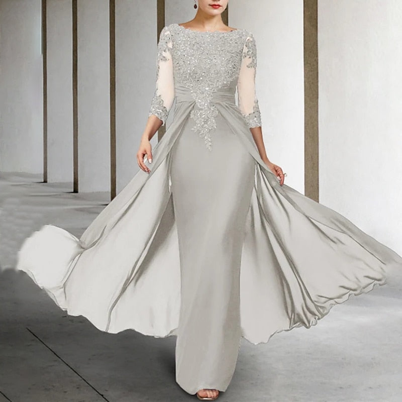 Long Elegant Chiffon Appliques Jewel Neck Floor Length Dress