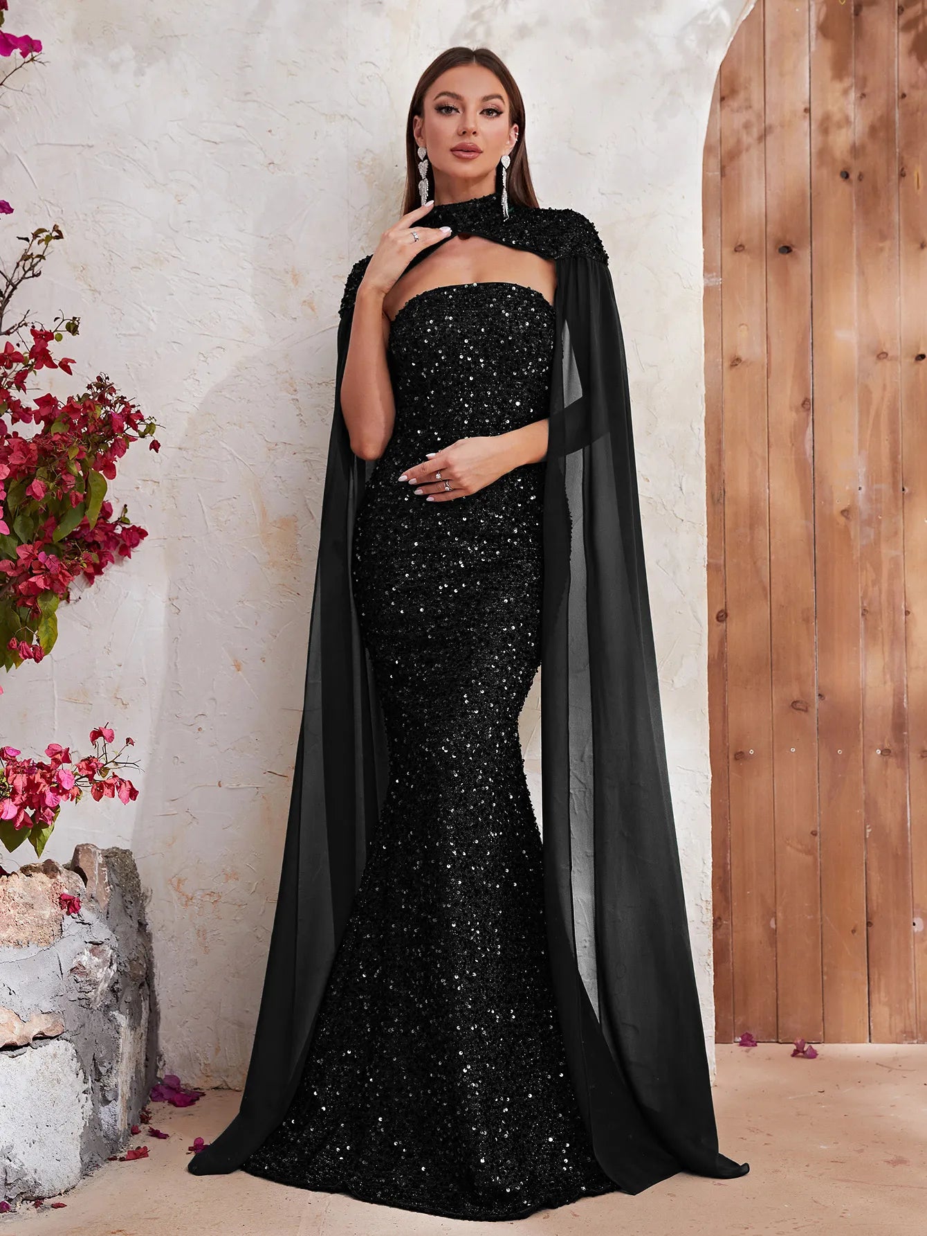 Shawl Sleeve Mock Neck Sequin Evening Dress