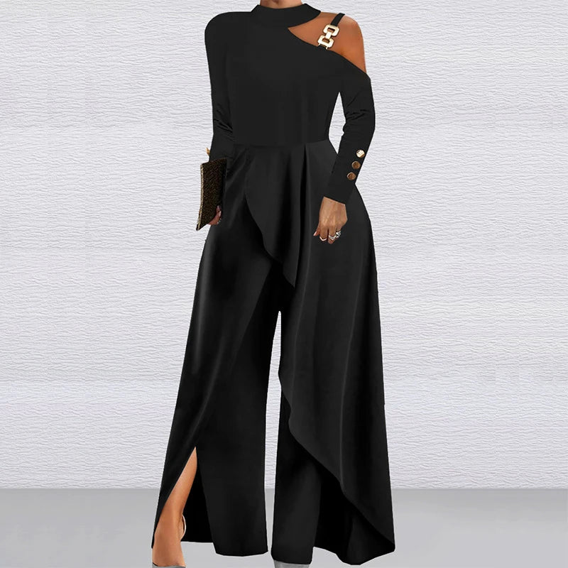 O-Neck Chain Sling Off Shoulder Long Sleeve Jumpsuit