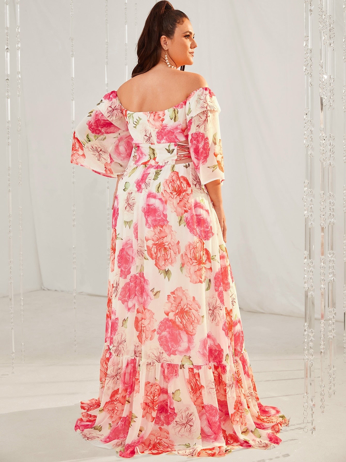 Print Off Shoulder Ruffle Hem Chiffon Maxi Dress