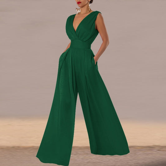 Elegant Deep V-neck Pleated High Waist Long Jumpsuit With Pockets