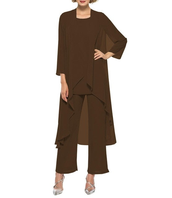 Chiffon Pleated Three Piece Blazer Blouse and Pants Dress Suit