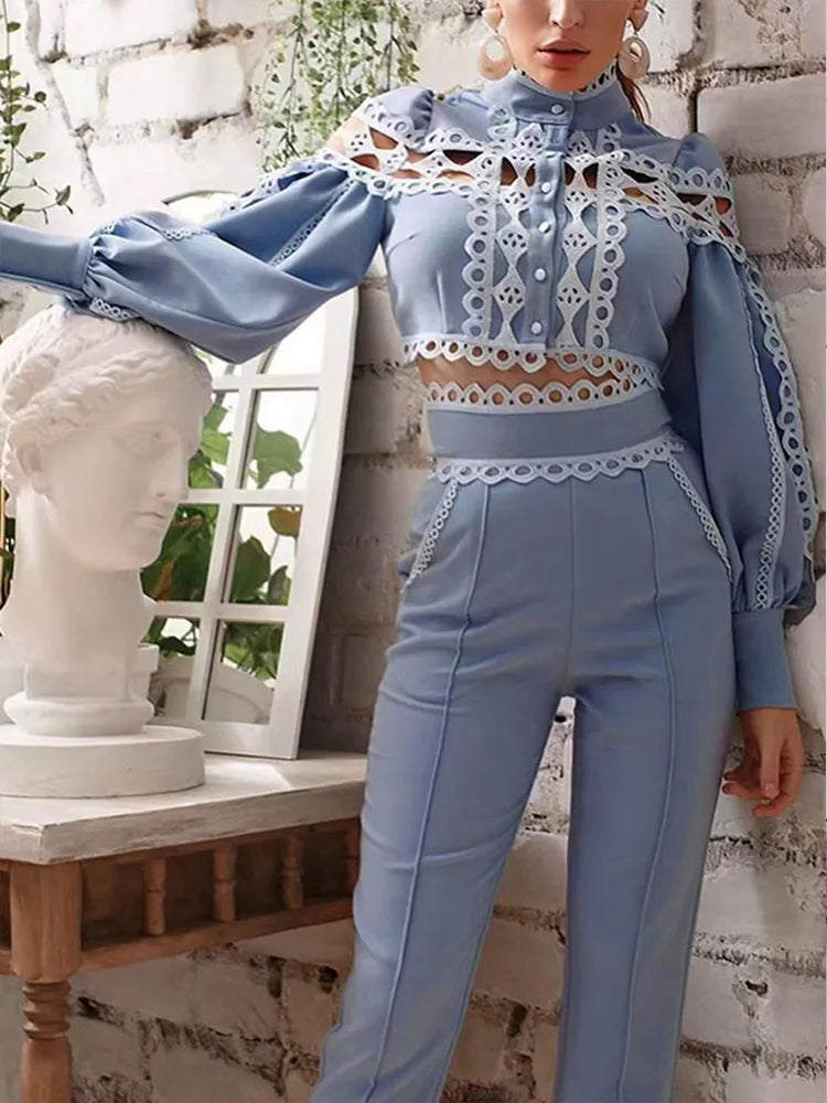 Retro Hollow Long-Sleeved Top & High Two-Piece Suit