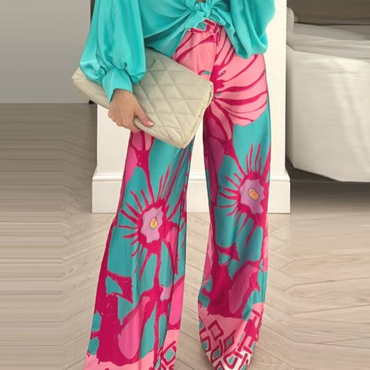 Flower Printed High Waist Wide Leg Pants