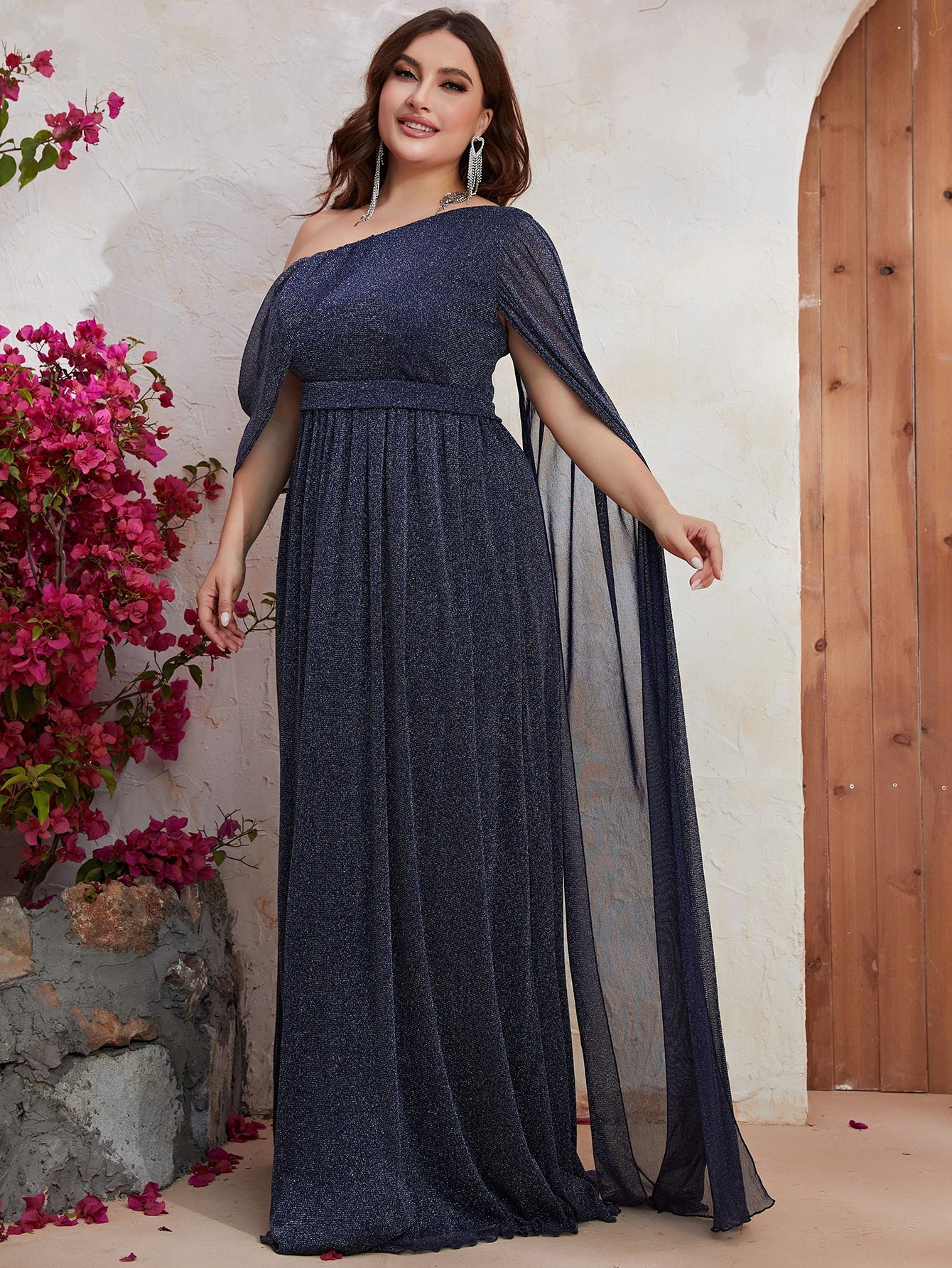 Asymmetrical Neck Shawl Sleeve Glitter Evening Dress