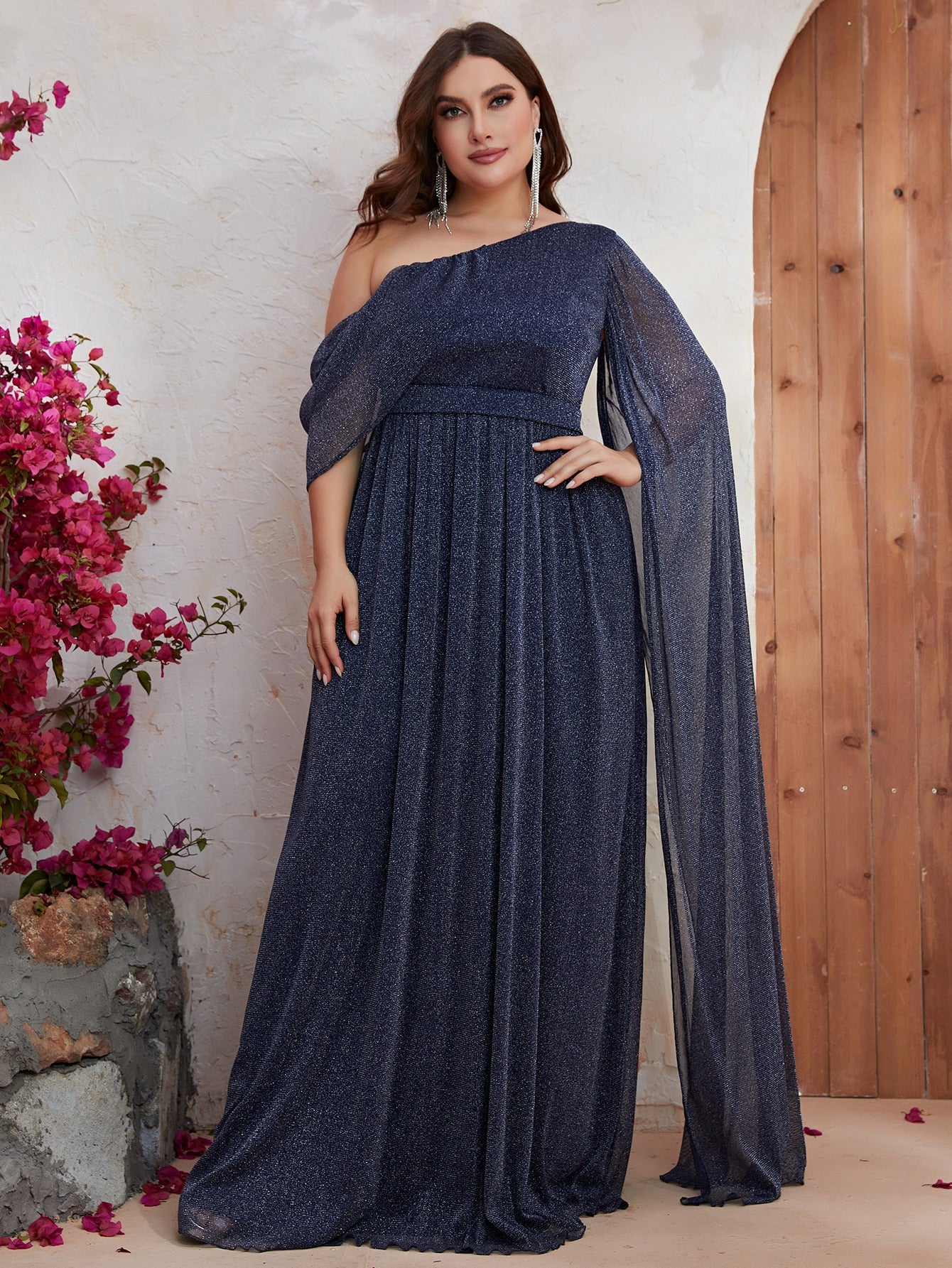 Asymmetrical Neck Shawl Sleeve Glitter Evening Dress