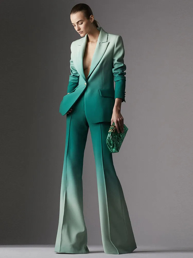 Gradient Color Printed Single Button Blazer And Flare Leg Pants Two Piece Suit