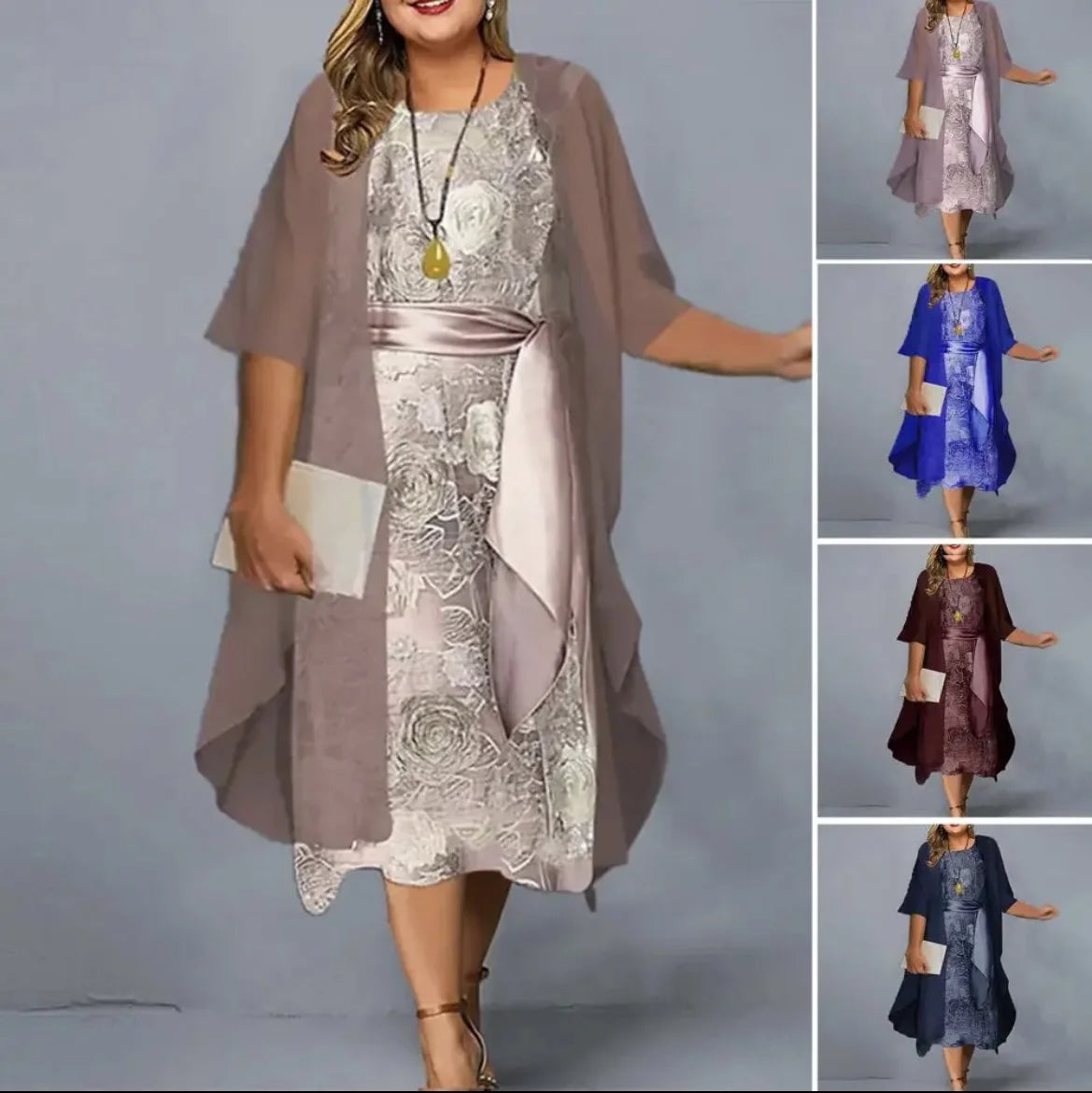 Two Piece Long Sleeve Cardigan Printed Coat And Sleeveless Dress Set
