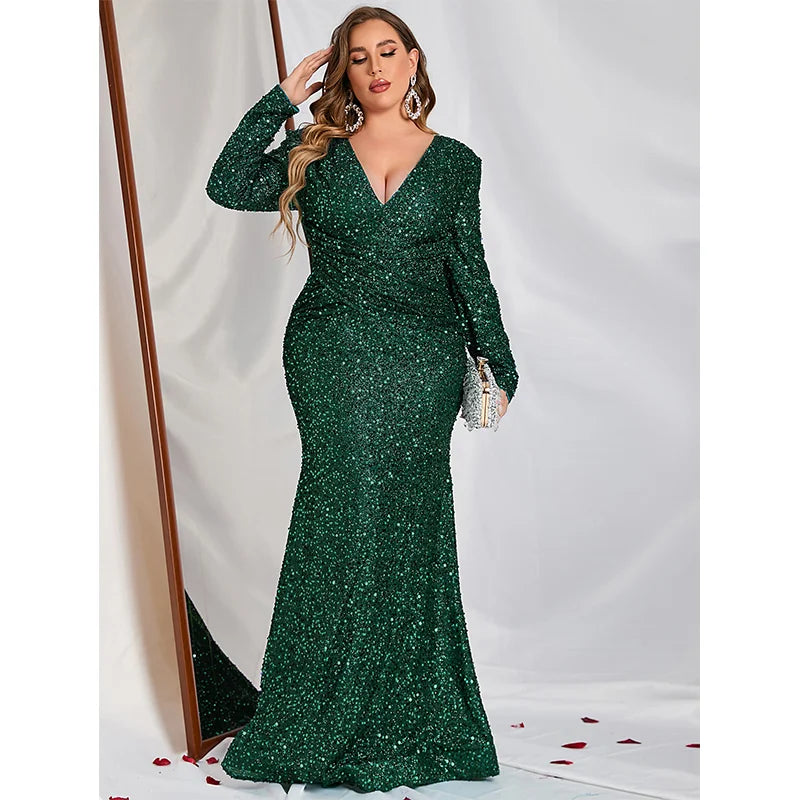 Deep V Neck Long Sleeve Sequined Evening Gown