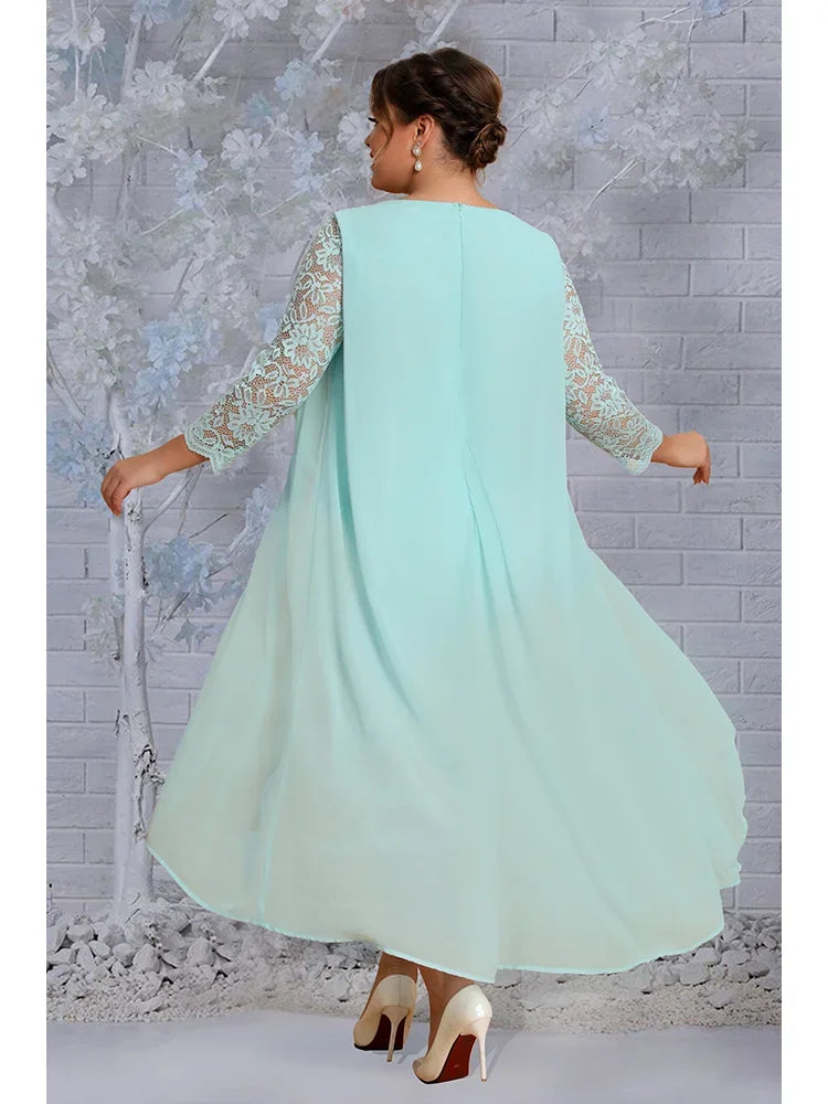 Chiffon Lace Two Pieces Elegant Midi Dress