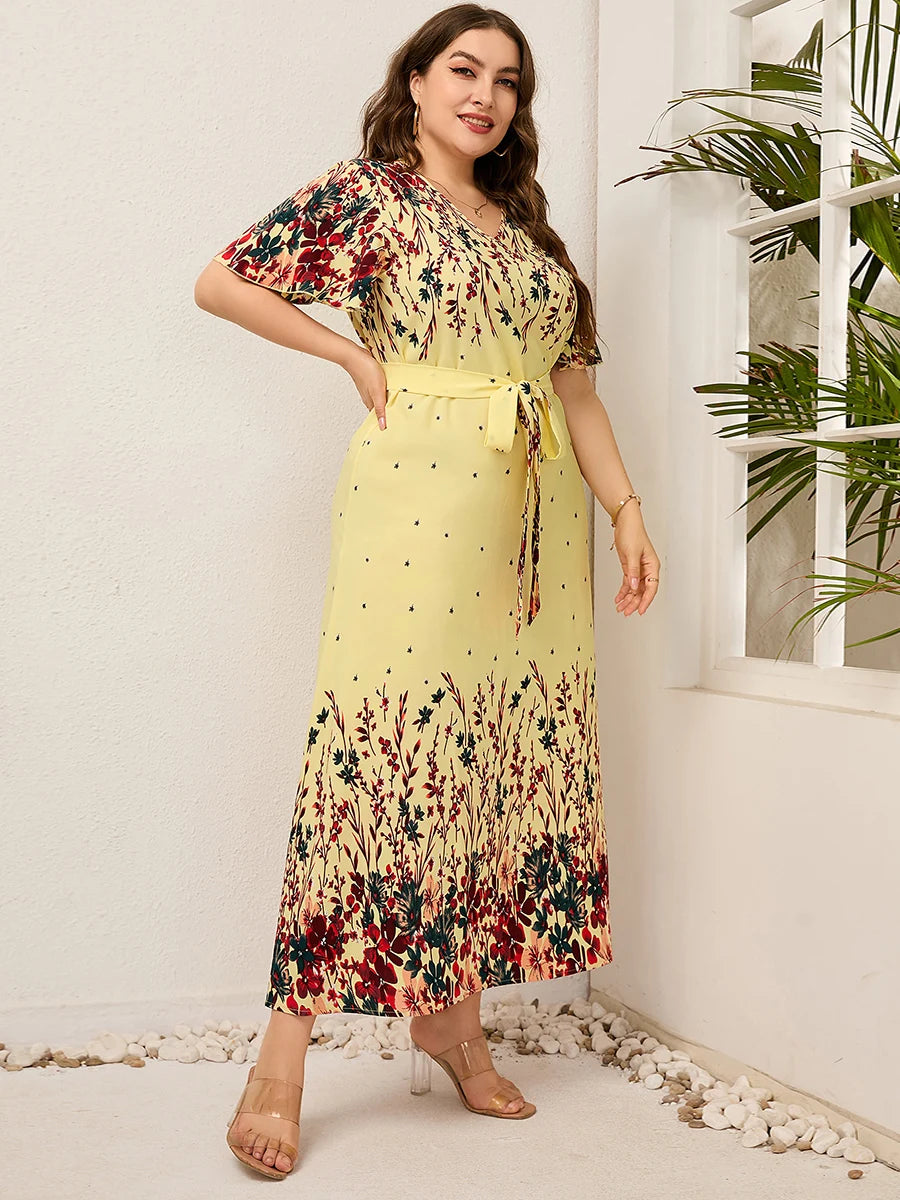 V Neck Short Sleeve Floral Print Boho Maxi Dress