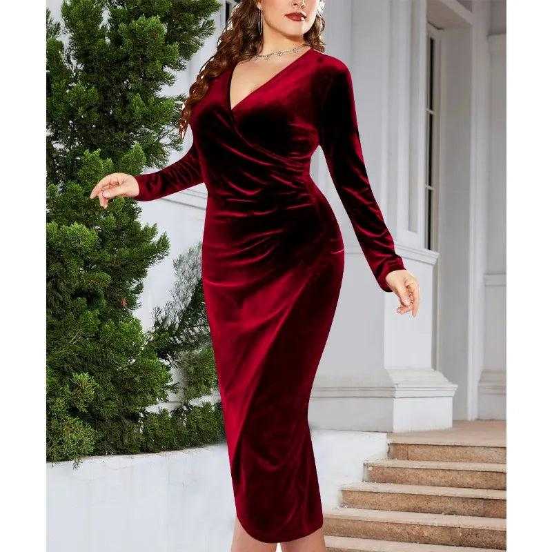 Velvet Long Sleeve Pleated V-Neck Cocktail Dress