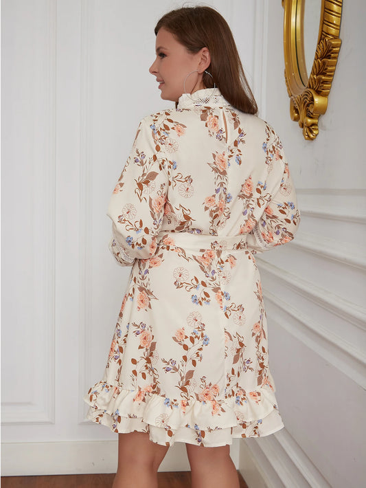 Vintage Lace Floral Print With Belt Long Sleeve Dress
