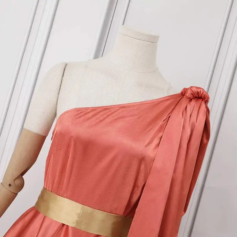 Off Shoulder Satin Belted Sleeveless Dress