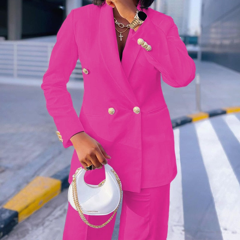 Double Breasted Blazer & Straight Leg Pants Suit