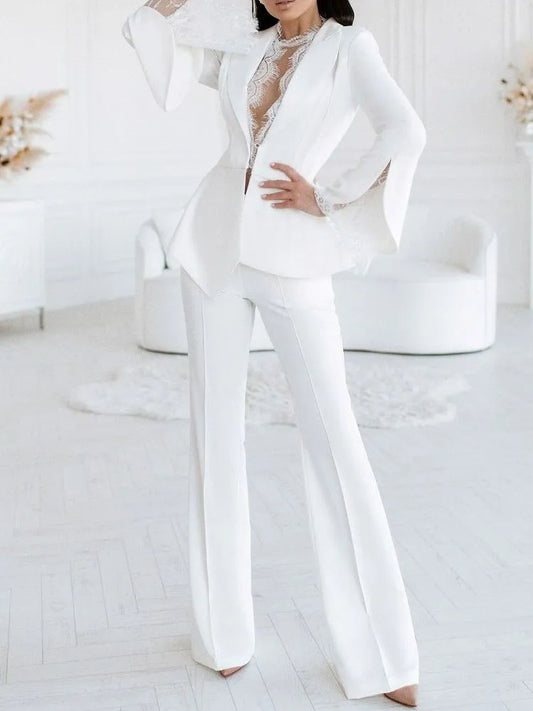 Lace Long Sleeve Jacket Blazer And Casual Wide Leg Trousers Set