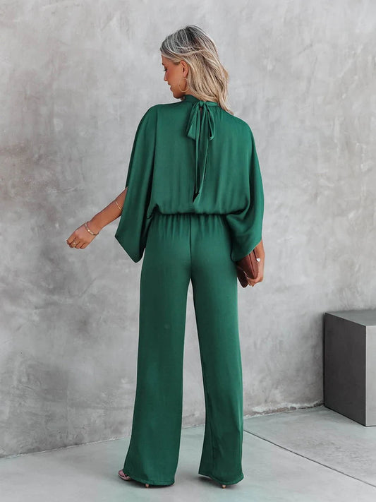 Elegant Casual Long Sleeve Elastic Waist Loose Wide Legs Pant Jumpsuit