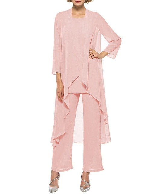 Chiffon Pleated Three Piece Blazer Blouse and Pants Dress Suit