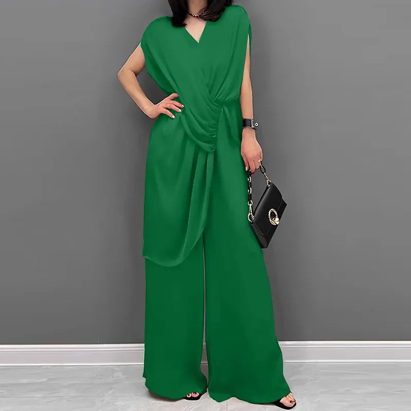 V Neck Elegant Loose Wide Leg Elastic Waist Jumpsuit