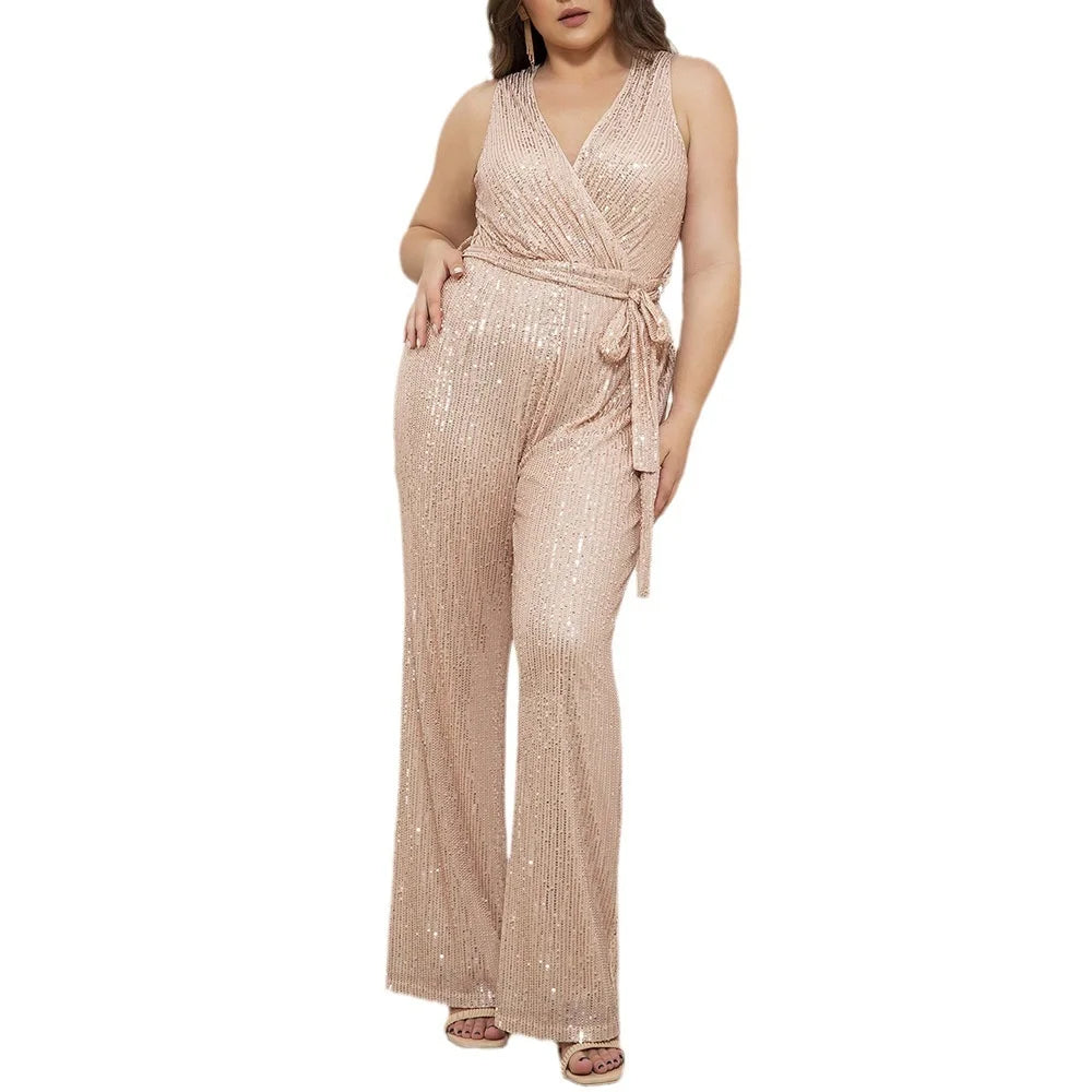 Sequins V-neck Sleeveless Jumpsuit With Sash