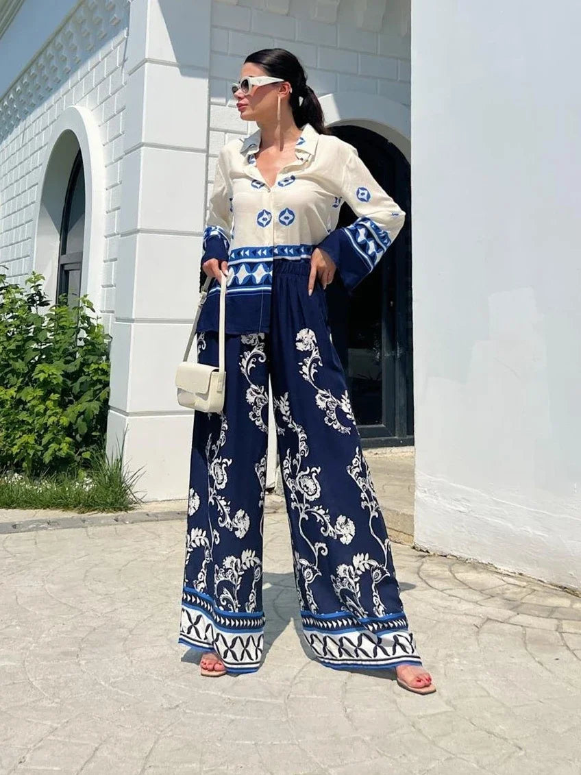 Printed Casual Long Sleeve Blouse and Wide Leg Pants Sets