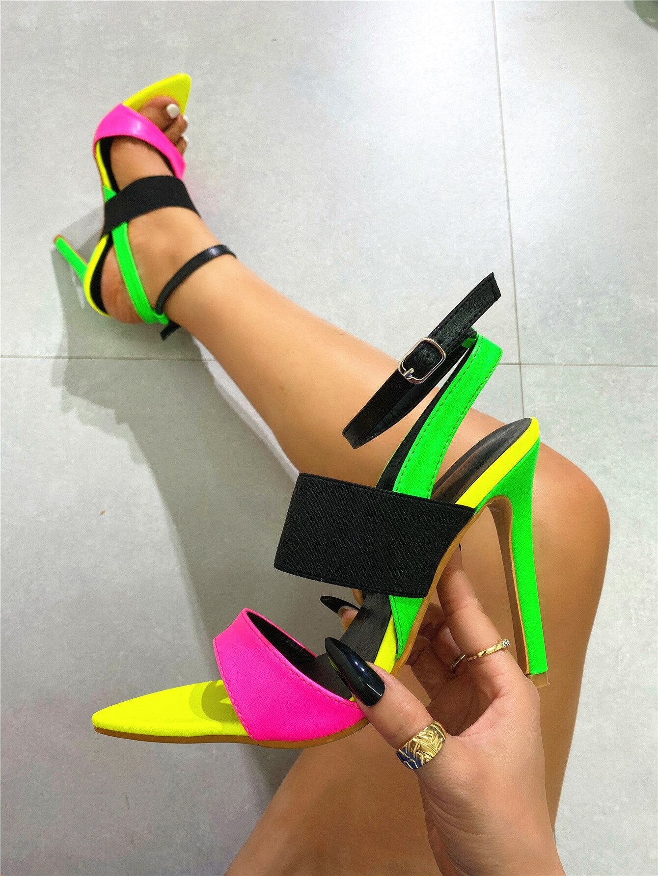 Pointed Mixed-color Heel Pump Elegant Stiletto Sandals