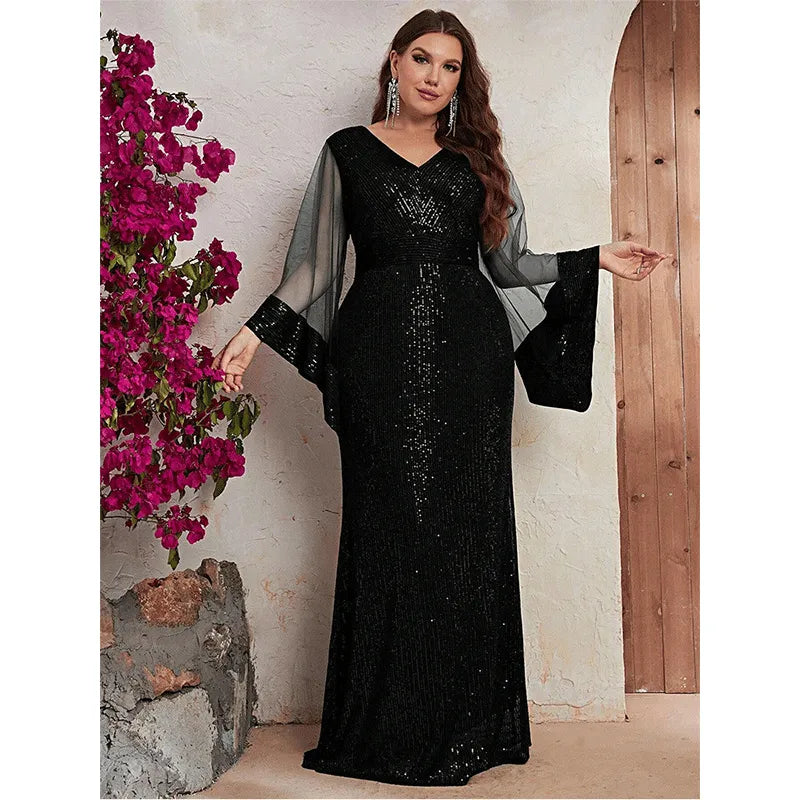 V Neck Sequin Maxi Evening Mesh Sleeve Sequin Dress