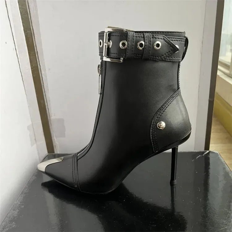 Belt Buckle Front Zipper Short Pointed Toe High Heels Ankle Boots