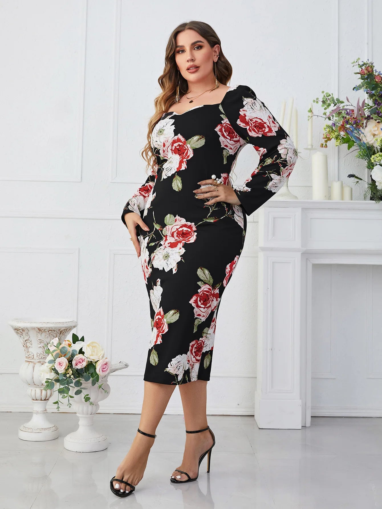 Flower Printed Square Collar Wrap Midi Dress