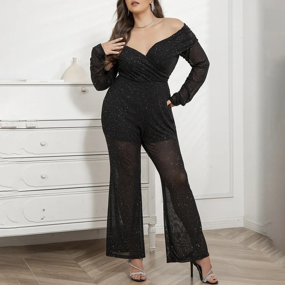 Off Shoulder Mesh Sequin Evening Jumpsuit