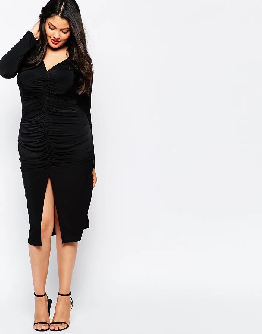 Elegant Sheath Ruched V-neck Knit Midi Dress