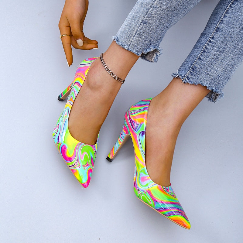 Graffiti Shallow Mouth Pointed High Heels Shoes