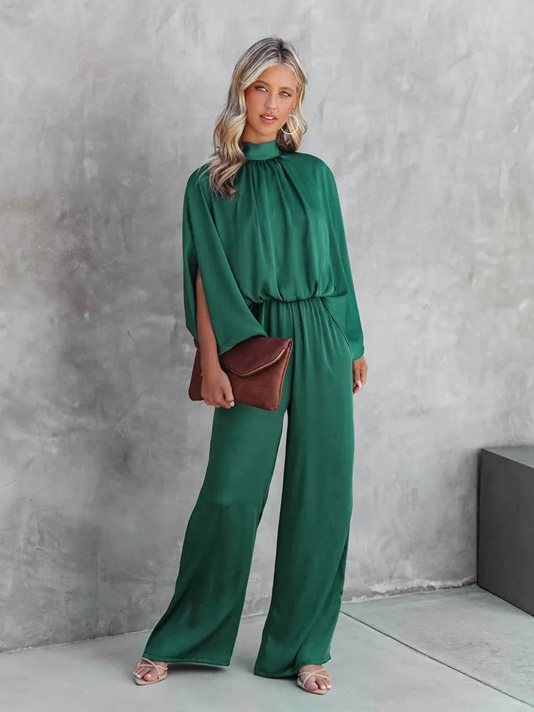 Elegant Casual Long Sleeve Elastic Waist Loose Wide Legs Pant Jumpsuit