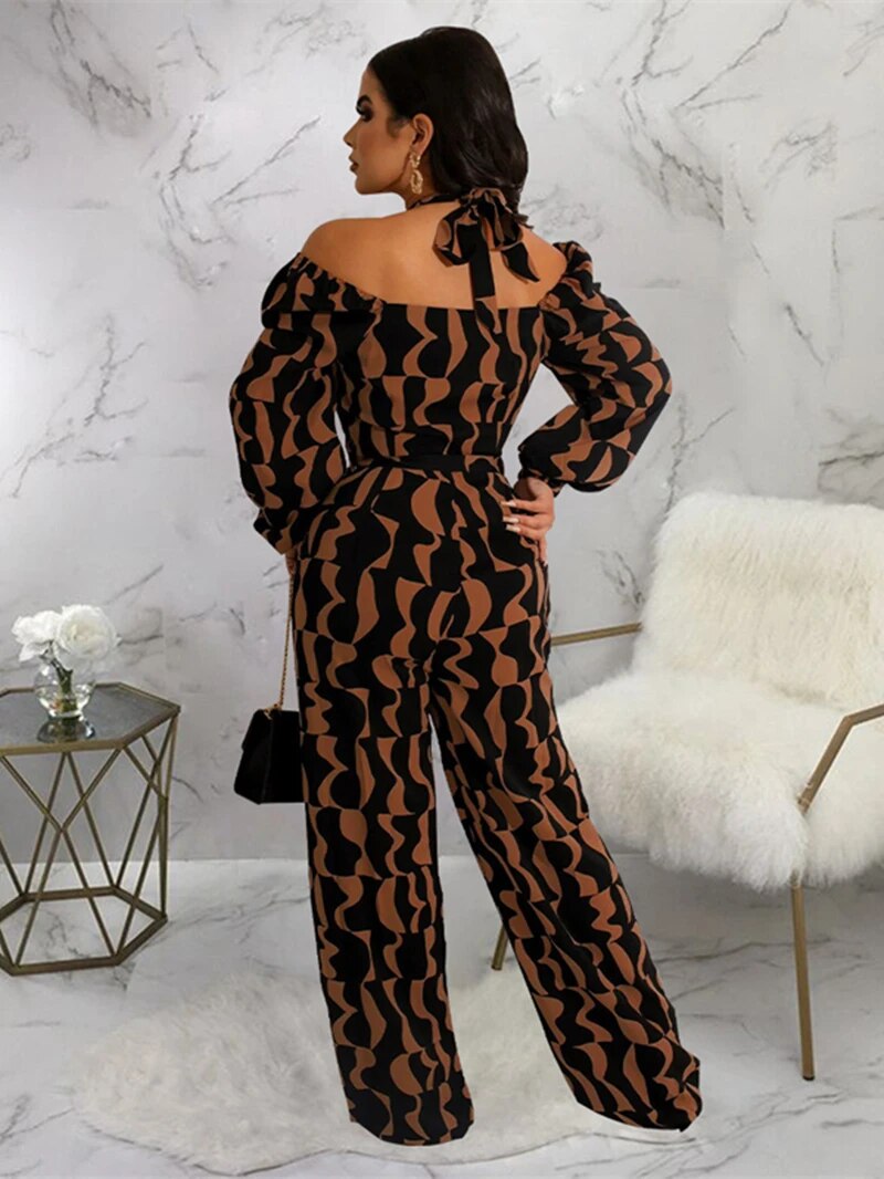 Print Off Shoulder Halter Neck Full Sleeve Jumpsuit