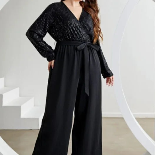 Lace-up V-neck Sequin  Jumpsuit