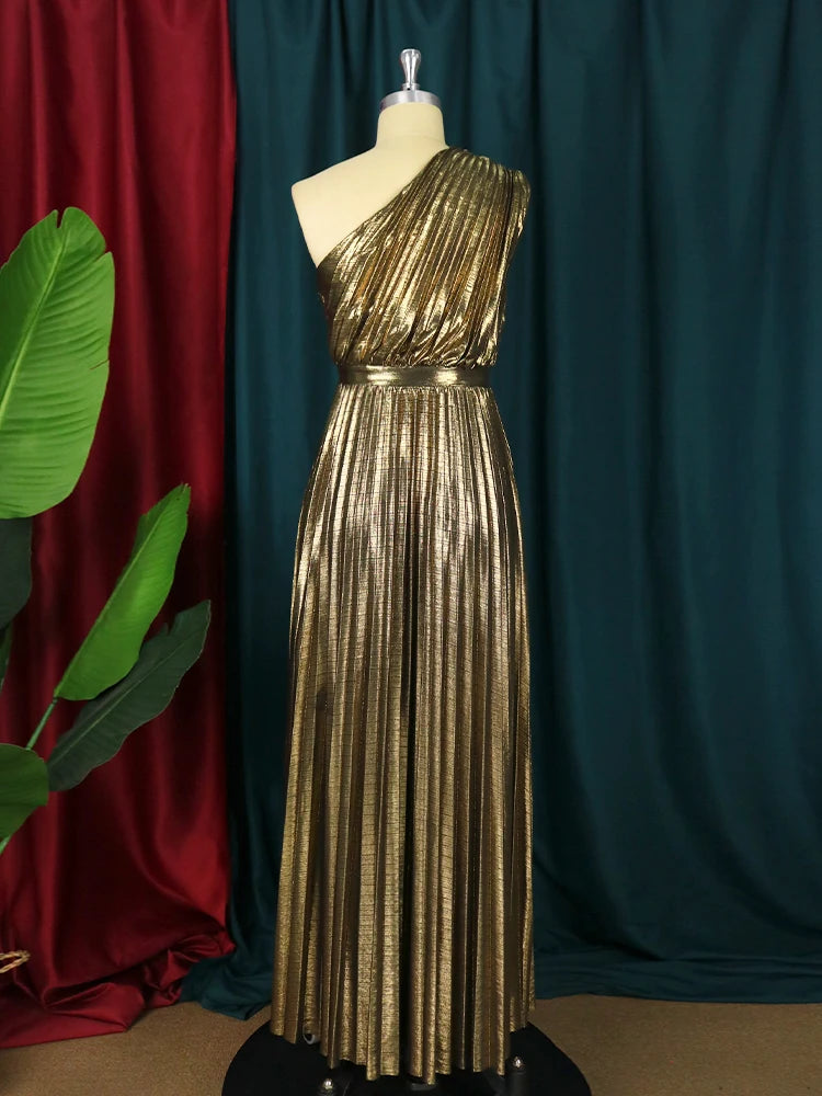 One Shoulder Gilding High Waist Pleated Evening Cocktail Dress